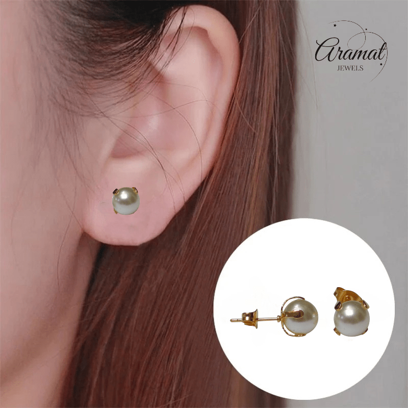 Goudkleurige Stalen Parel Oorbellen 8mm - Aramat Jewels - Oorbellen - cadeautip