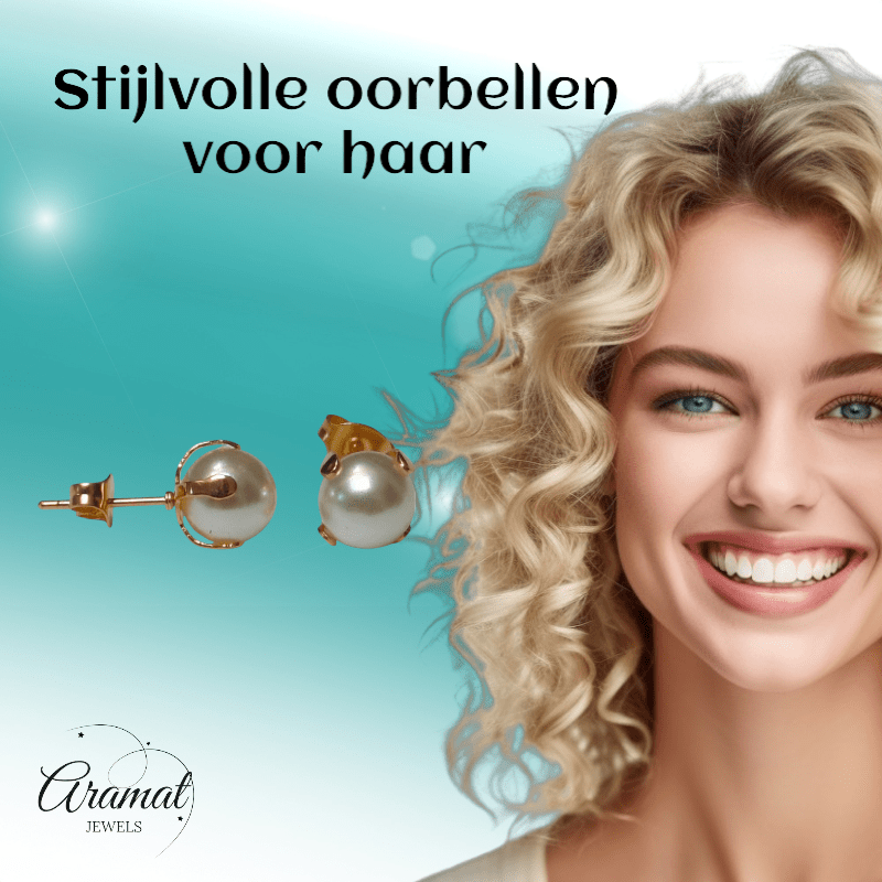 Goudkleurige Stalen Parel Oorbellen 8mm - Aramat Jewels - Oorbellen - cadeautip