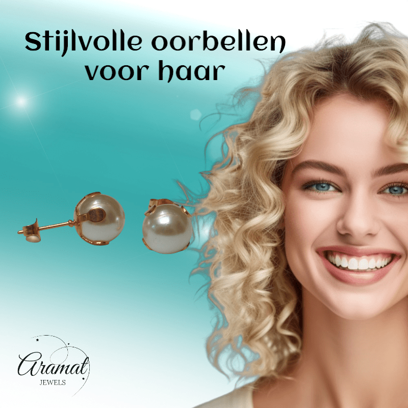 Goudkleurige Stalen Parel Oorbellen 9mm - Aramat Jewels - Oorbellen - cadeautip