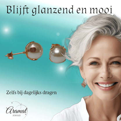Goudkleurige Stalen Parel Oorbellen 9mm - Aramat Jewels - Oorbellen - cadeautip
