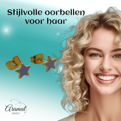Goudkleurige Ster Oorbellen met Lila Glitters - oor6174 - YY - Oorbellen kopen# - 6mm - alles - cadeau
