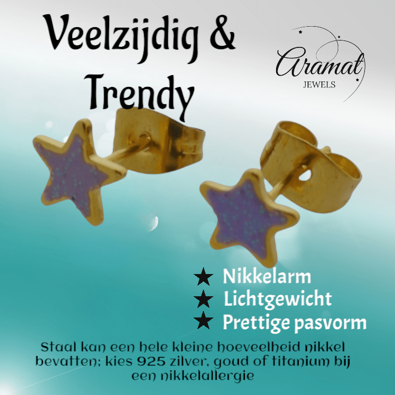 Goudkleurige Ster Oorbellen met Lila Glitters - oor6174 - YY - Oorbellen kopen# - 6mm - alles - cadeau