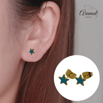 Goudkleurige Ster Oorstekers Blauw 6 mm - oor6172 - YY - Oorbellen kopen# - 6mm - alles - blauw