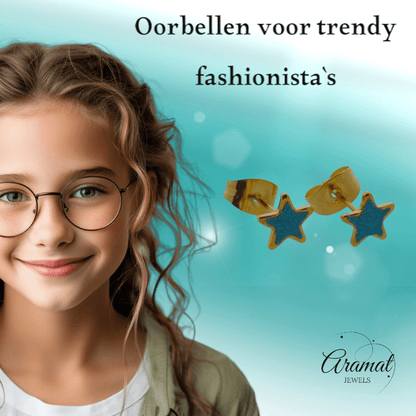 Goudkleurige Ster Oorstekers Blauw 6 mm - oor6172 - YY - Oorbellen kopen# - 6mm - alles - blauw