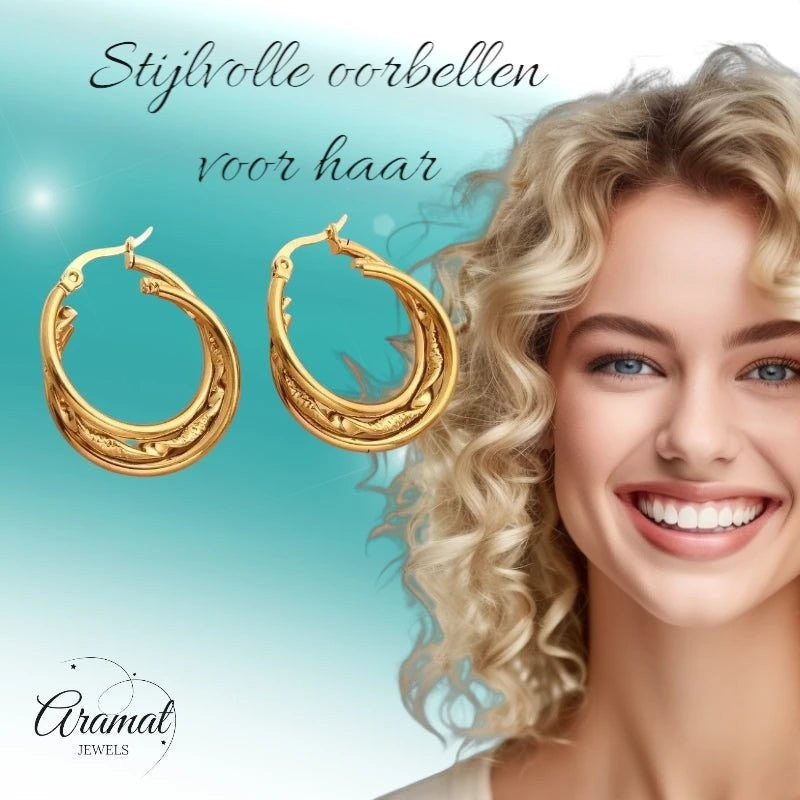 Goudkleurige Triple Oorringen Rond – 25x7mm - oor6295 - 647262 - Oorringen kopen# - 25mm - alles - cadeau