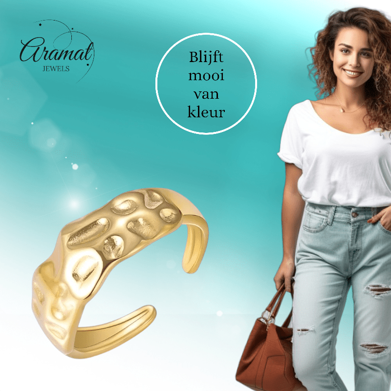 Goudkleurige Verstelbare Dames Ring deukjes - motief - Stainless Steel - Trendy - ring351 - 104805 - Ringen kopen# - Goudkleur - alles - boho