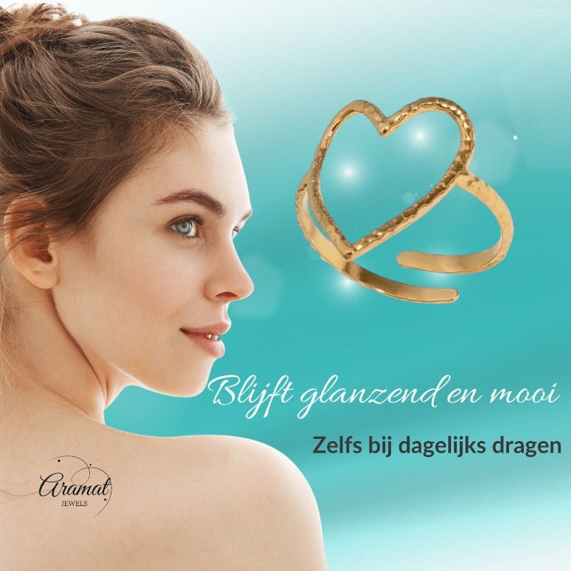 Goudkleurige Verstelbare Ring met Groot Open Hart 19mm - Stainless Steel - ring352 - 73899 - Ringen kopen# - Goudkleur - alles - boho