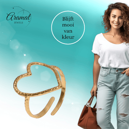 Goudkleurige Verstelbare Ring met Groot Open Hart 19mm - Stainless Steel - ring352 - 73899 - Ringen kopen# - Goudkleur - alles - boho