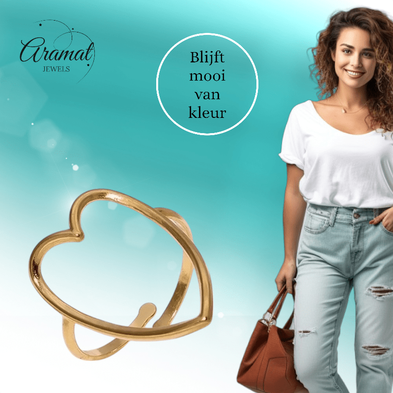 Goudkleurige Verstelbare Ring met Groot Open Hart 26mm - Stainless Steel - ring353 - 73898 - Ringen kopen# - Goudkleur - alles - boho