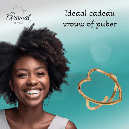 Goudkleurige Verstelbare Ring met Groot Open Hart 26mm - Stainless Steel - ring353 - 73898 - Ringen kopen# - Goudkleur - alles - boho