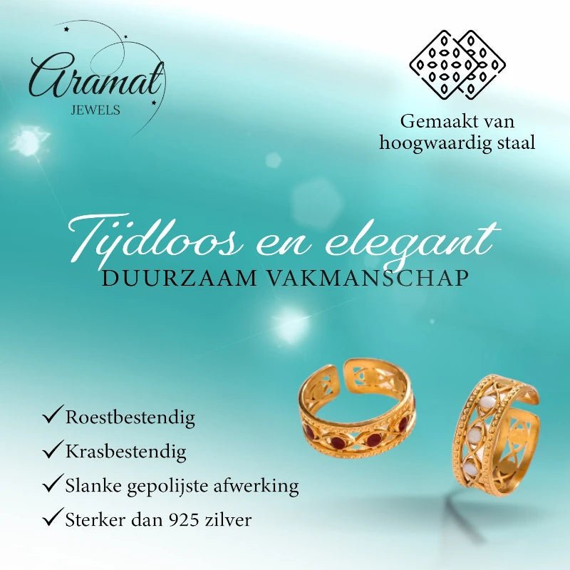 Goudkleurige Verstelbare RVS Ring met Emaille Boze Ogen - 7 mm - Aramat Jewels - Ringen - cadeautip