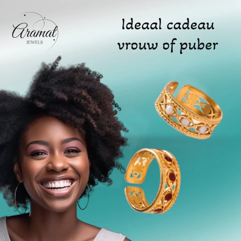 Goudkleurige Verstelbare RVS Ring met Emaille Boze Ogen - 7 mm - Aramat Jewels - Ringen - cadeautip