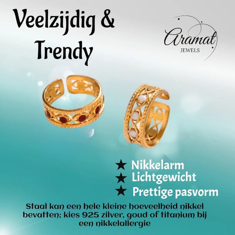 Goudkleurige Verstelbare RVS Ring met Emaille Boze Ogen - 7 mm - Aramat Jewels - Ringen - cadeautip