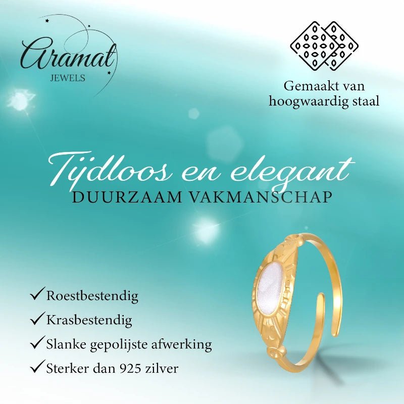 Goudkleurige Verstelbare RVS Ring met Parelmoer Wit Emaille - 6 mm - Aramat Jewels - Ringen - cadeautip