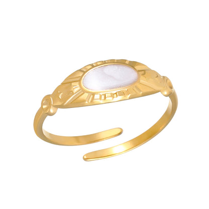 Goudkleurige Verstelbare RVS Ring met Parelmoer Wit Emaille - 6 mm - Aramat Jewels - Ringen - cadeautip