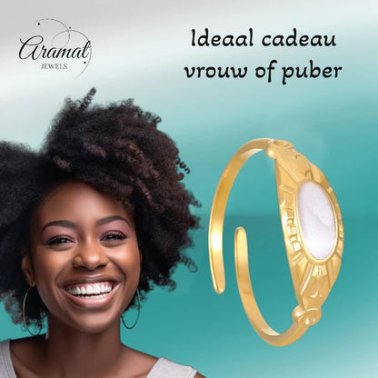 Goudkleurige Verstelbare RVS Ring met Parelmoer Wit Emaille - 6 mm - Aramat Jewels - Ringen - cadeautip
