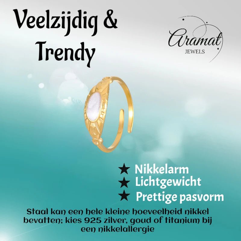 Goudkleurige Verstelbare RVS Ring met Parelmoer Wit Emaille - 6 mm - Aramat Jewels - Ringen - cadeautip
