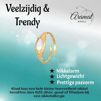 Goudkleurige Verstelbare RVS Ring met Parelmoer Wit Emaille - 6 mm - Aramat Jewels - Ringen - cadeautip