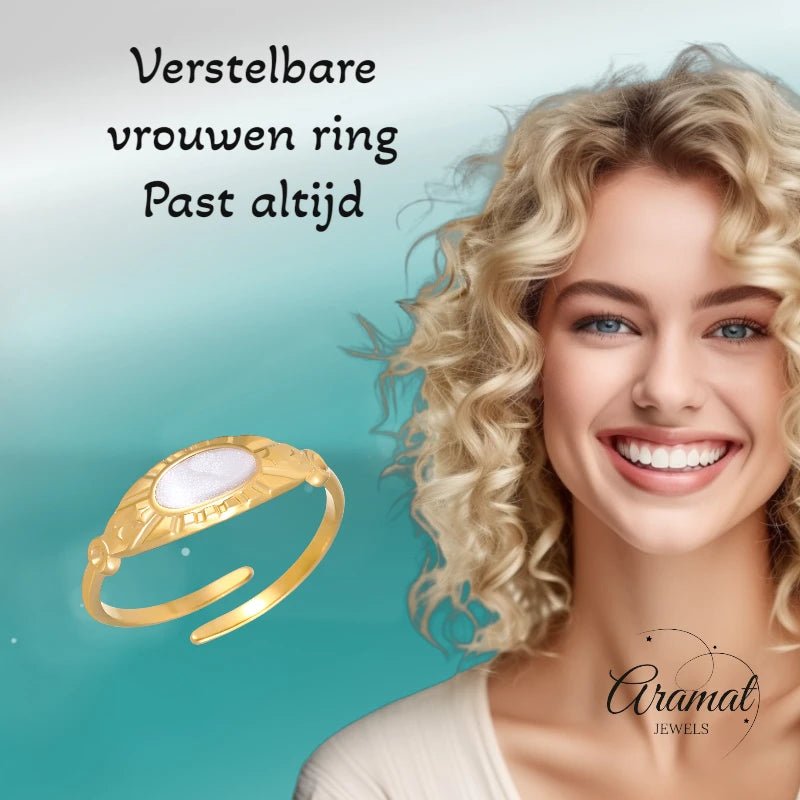 Goudkleurige Verstelbare RVS Ring met Parelmoer Wit Emaille - 6 mm - Aramat Jewels - Ringen - cadeautip