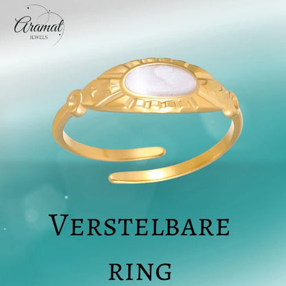 Goudkleurige Verstelbare RVS Ring met Parelmoer Wit Emaille - 6 mm - Aramat Jewels - Ringen - cadeautip