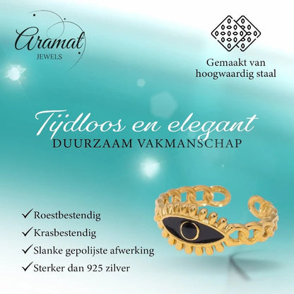 Goudkleurige Verstelbare RVS Ring met Zwart Emaille Boze Oog - 9 mm - Aramat Jewels - Ringen - cadeautip