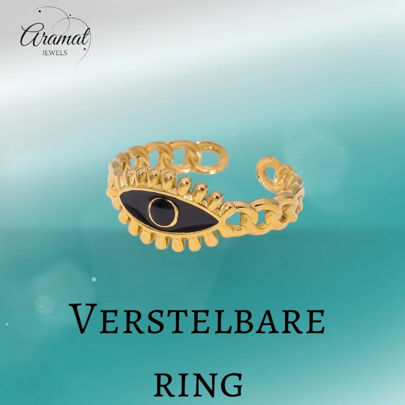 Goudkleurige Verstelbare RVS Ring met Zwart Emaille Boze Oog - 9 mm - Aramat Jewels - Ringen - cadeautip