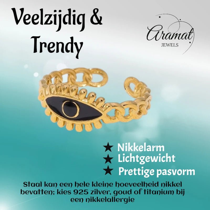 Goudkleurige Verstelbare RVS Ring met Zwart Emaille Boze Oog - 9 mm - Aramat Jewels - Ringen - cadeautip