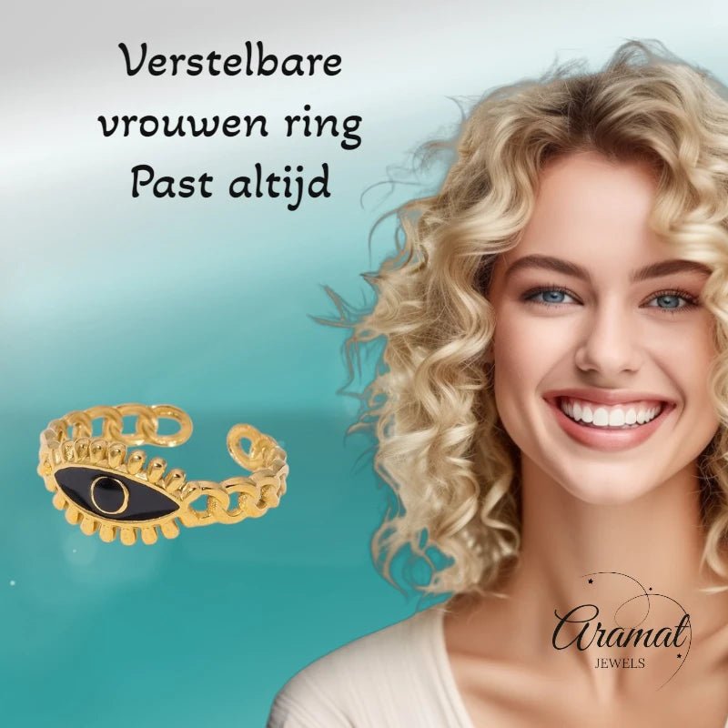 Goudkleurige Verstelbare RVS Ring met Zwart Emaille Boze Oog - 9 mm - Aramat Jewels - Ringen - cadeautip