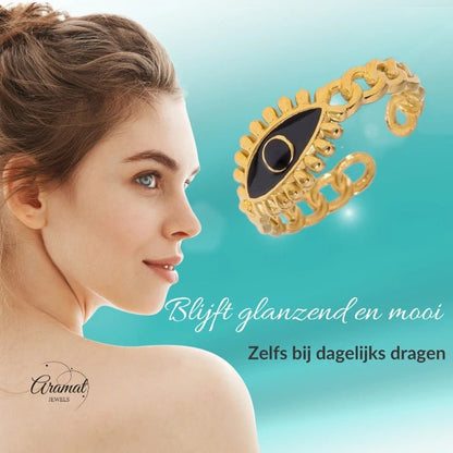 Goudkleurige Verstelbare RVS Ring met Zwart Emaille Boze Oog - 9 mm - Aramat Jewels - Ringen - cadeautip