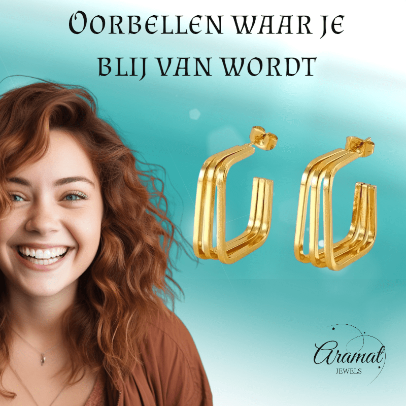 Goudkleurige Vierkante Triple Oorstekers 25mm - oor6380 - 69935 - Oorbellen kopen# - 25mm - alles - cadeau