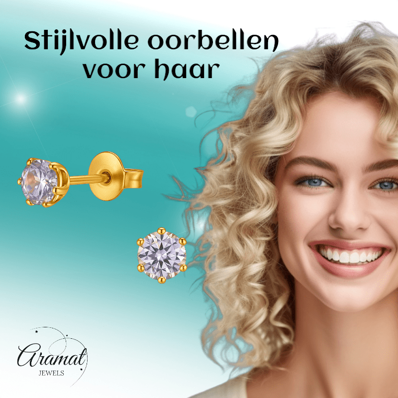 Goudkleurige Zirkonia Oorbellen 4mm Lila - Aramat Jewels - Oorbellen - cadeautip