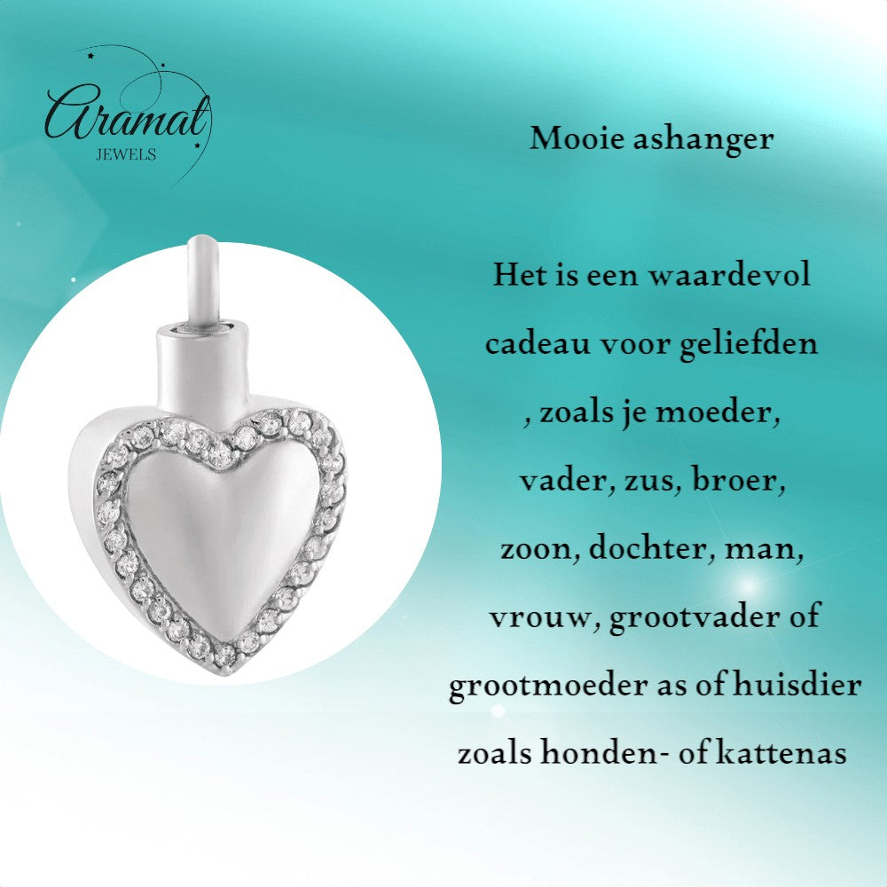 Hart ashanger met zirkonia – zilverkleurig staal - Aramat Jewels - Gedenkhangers - cadeautip
