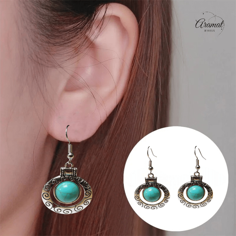 Hippe Bohemien Oorhangers met Turquoise Steen - oor6028 - Oorhangers kopen# - 50mm - alles - bali