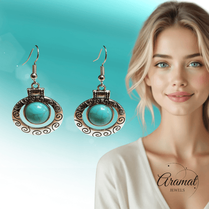 Hippe Bohemien Oorhangers met Turquoise Steen - oor6028 - Oorhangers kopen# - 50mm - alles - bali