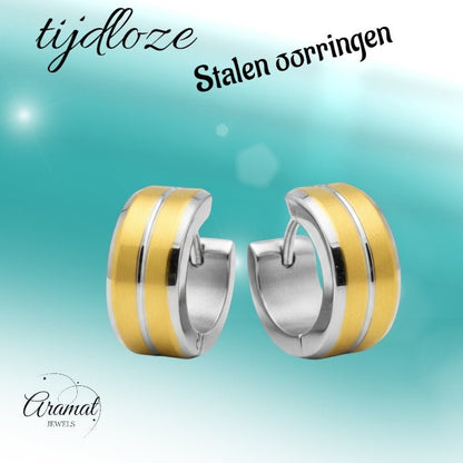 Huggies – Bicolor RVS met Goudaccent (14mm) - Aramat Jewels - Oorringen - cadeautip