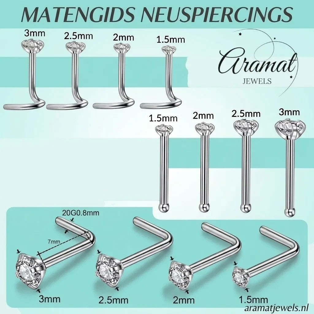 Aramat Jewels maattabel voor zilveren neuspiercings met kristalsteentjes in diverse formaten van 1.5mm tot 3mm.