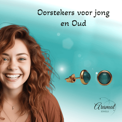 Kattenoog Oorbellen 8mm – Blauw/Groen Goudkleurig - Aramat Jewels - Oorbellen - cadeautip