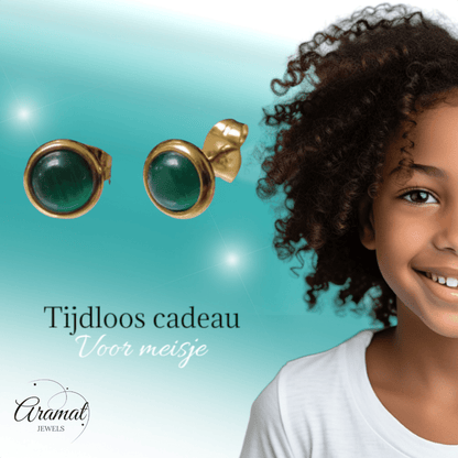 Kattenoog Oorbellen 8mm – Groen - Goudkleurig - Aramat Jewels - Oorbellen - cadeautip