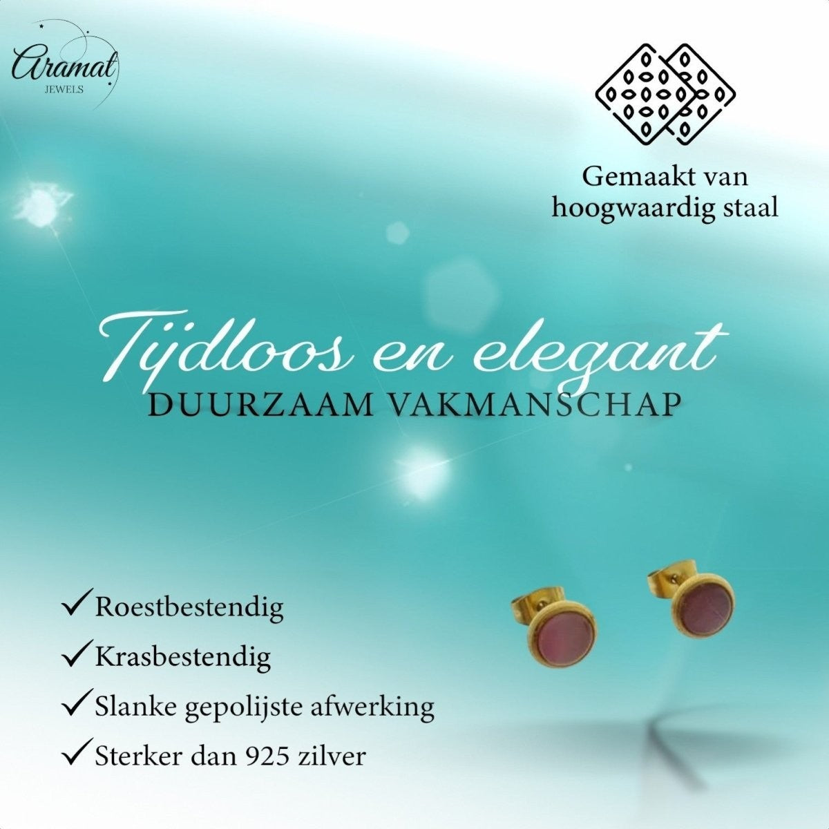 Kattenoog Oorbellen 8mm – Roze - Goudkleurig - Aramat Jewels - Oorbellen - cadeautip