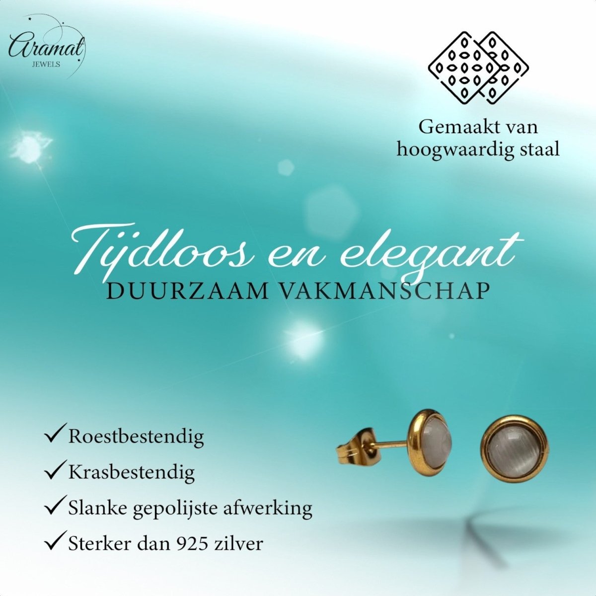 Kattenoog Oorbellen 8mm – Wit - Goudkleurig - Aramat Jewels - Oorbellen - cadeautip