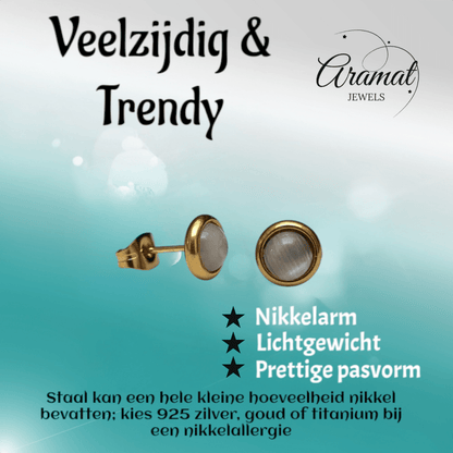 Kattenoog Oorbellen 8mm – Wit - Goudkleurig - Aramat Jewels - Oorbellen - cadeautip