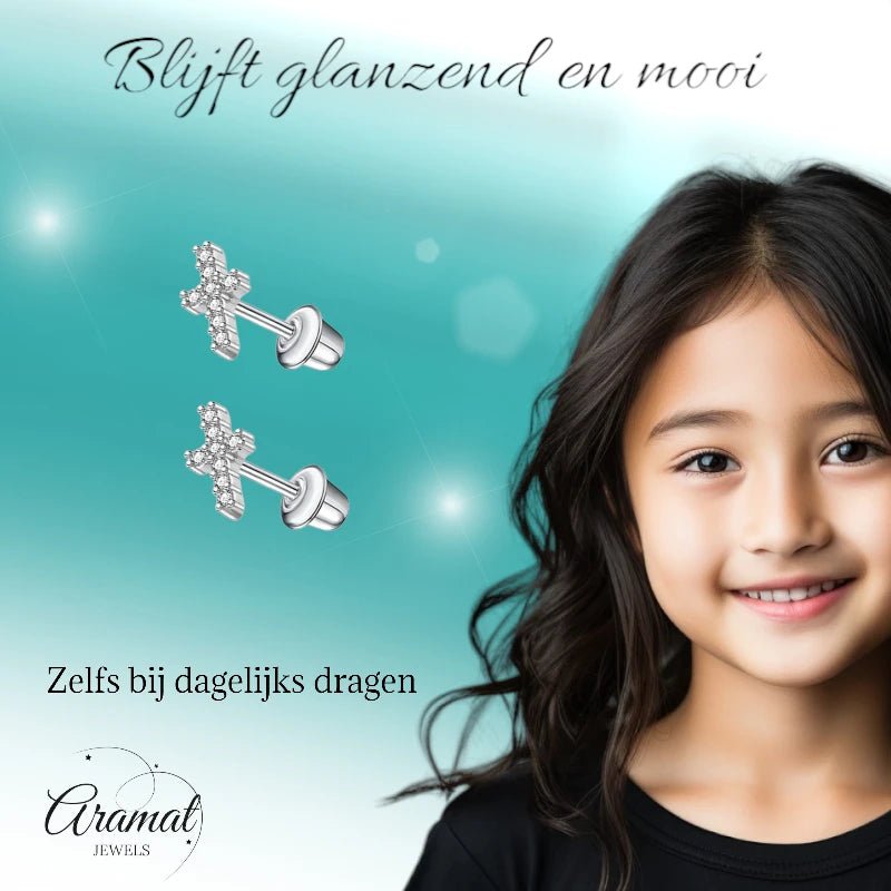 Kinderoorbellen RVS Kruisje met Zirkonia – 9x5mm – Schroefsluiting - oor6268 - 72434 - Oorbellen kopen# - 9mm - alles - bolletjes