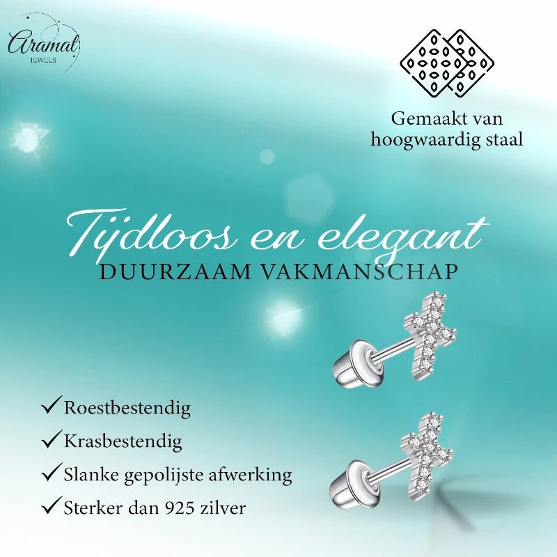 Kinderoorbellen RVS Kruisje met Zirkonia – 9x5mm – Schroefsluiting - oor6268 - 72434 - Oorbellen kopen# - 9mm - alles - bolletjes