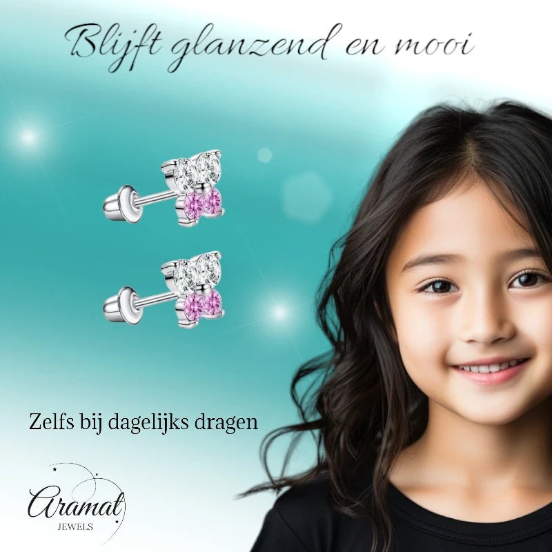 Kinderoorbellen RVS Vlinder met Zirkonia – 5x6mm – Schroefsluiting - oor6269 - 72435 - Oorbellen kopen# - 5mm - alles - bolletjes