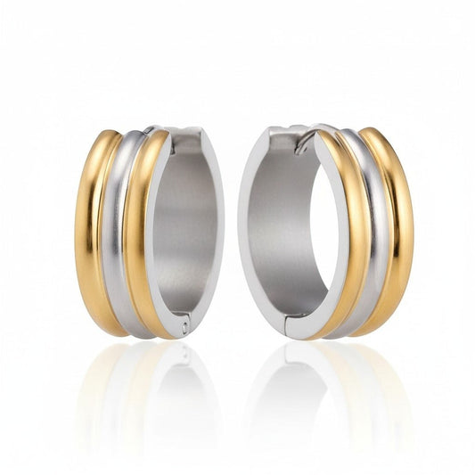 Klapcreolen – RVS Bicolor Goudkleur & Zilverkleur Strepen (13mm) - Aramat Jewels - Oorringen - cadeautip