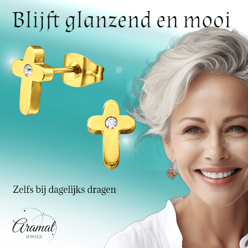 Kruis Oorbellen Goudkleur met Steentje 9x6mm - Aramat Jewels - Oorbellen - cadeautip
