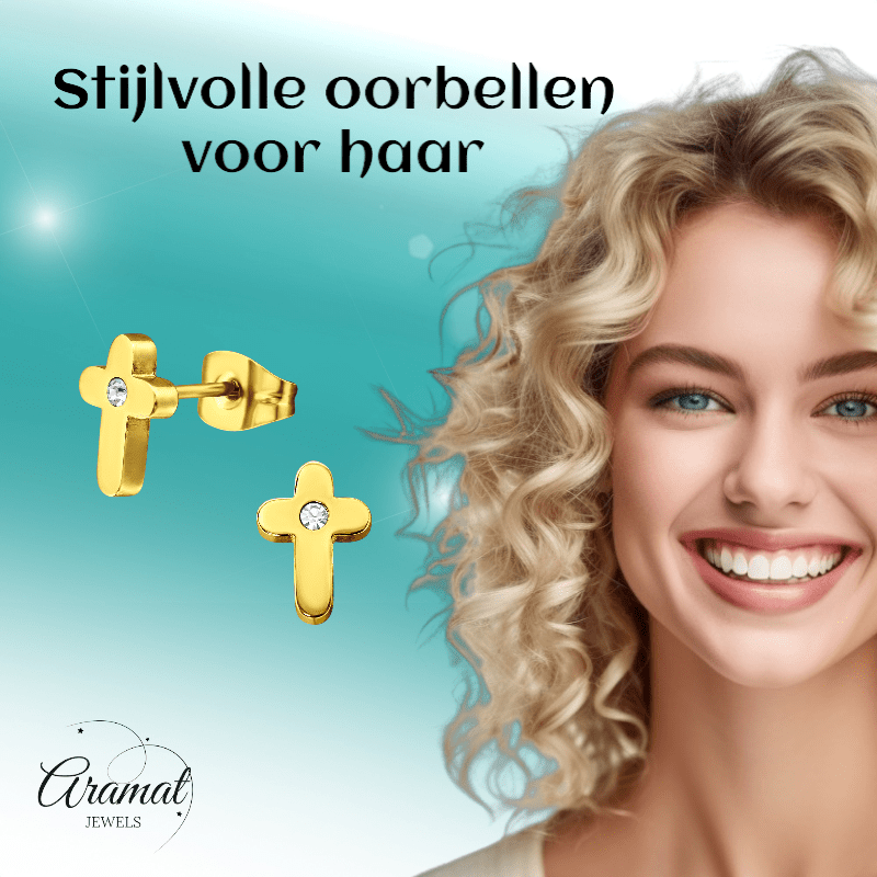 Kruis Oorbellen Goudkleur met Steentje 9x6mm - Aramat Jewels - Oorbellen - cadeautip