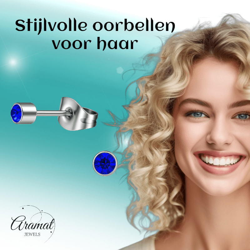 Mini kristal oorstekers blauw – 3mm zilverkleur - Aramat Jewels - Oorbellen - cadeautip