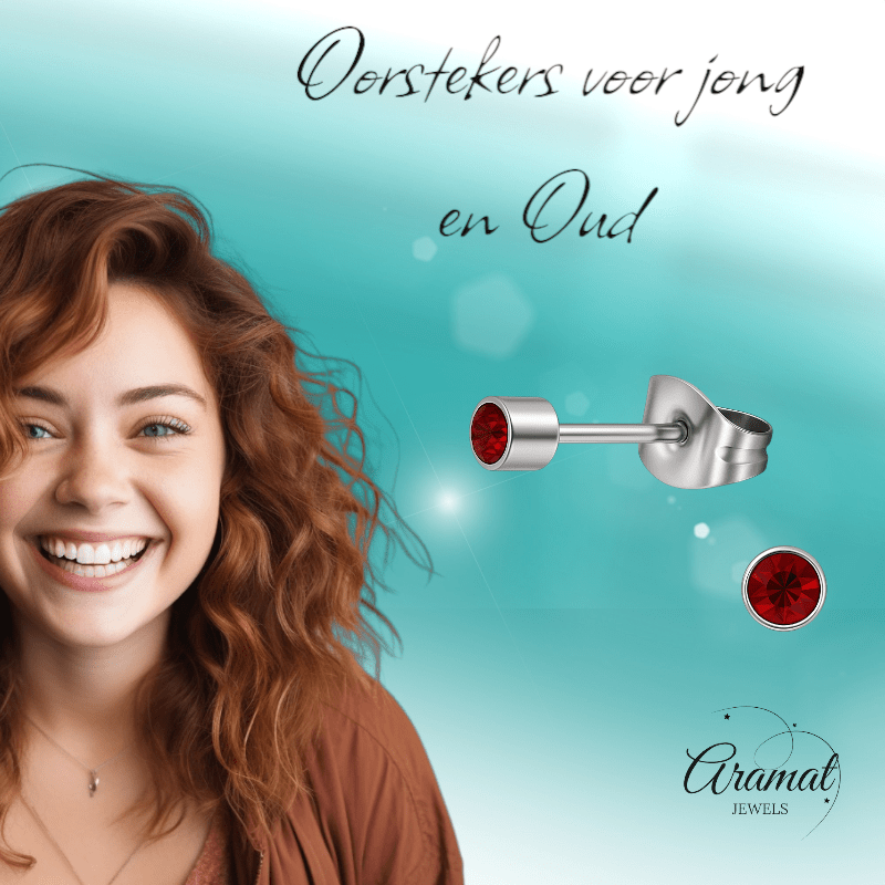 Mini oorstekers granaatrood kristal – 3mm RVS - Aramat Jewels - Oorbellen - cadeautip