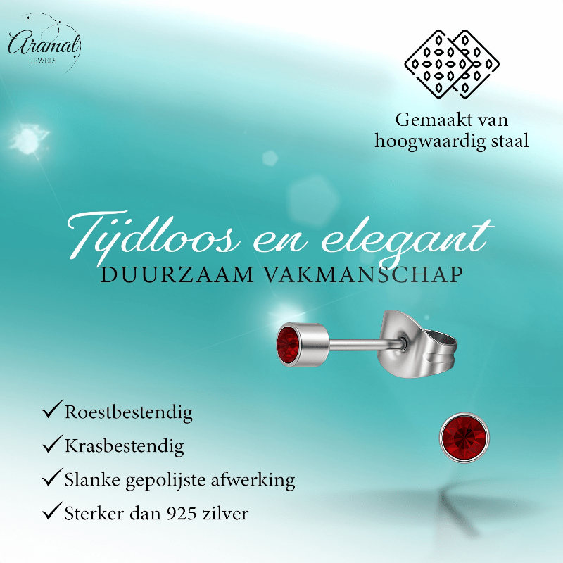 Mini oorstekers granaatrood kristal – 3mm RVS - Aramat Jewels - Oorbellen - cadeautip